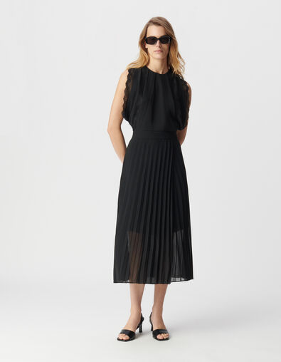 Women's long black pleated dress with lace bands - IKKS