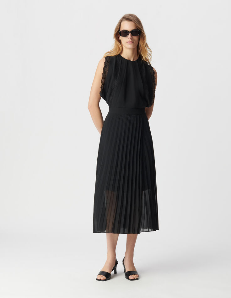 Women's long black pleated dress with lace bands-1