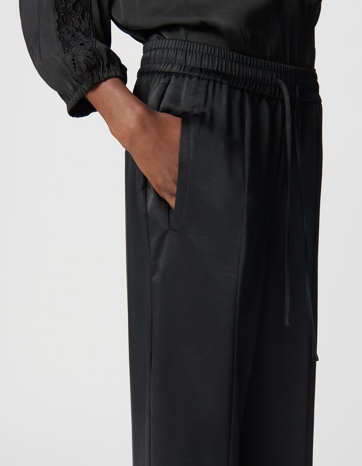 Pantalon large noir polyester recyclé taille élastiquée Femme-4