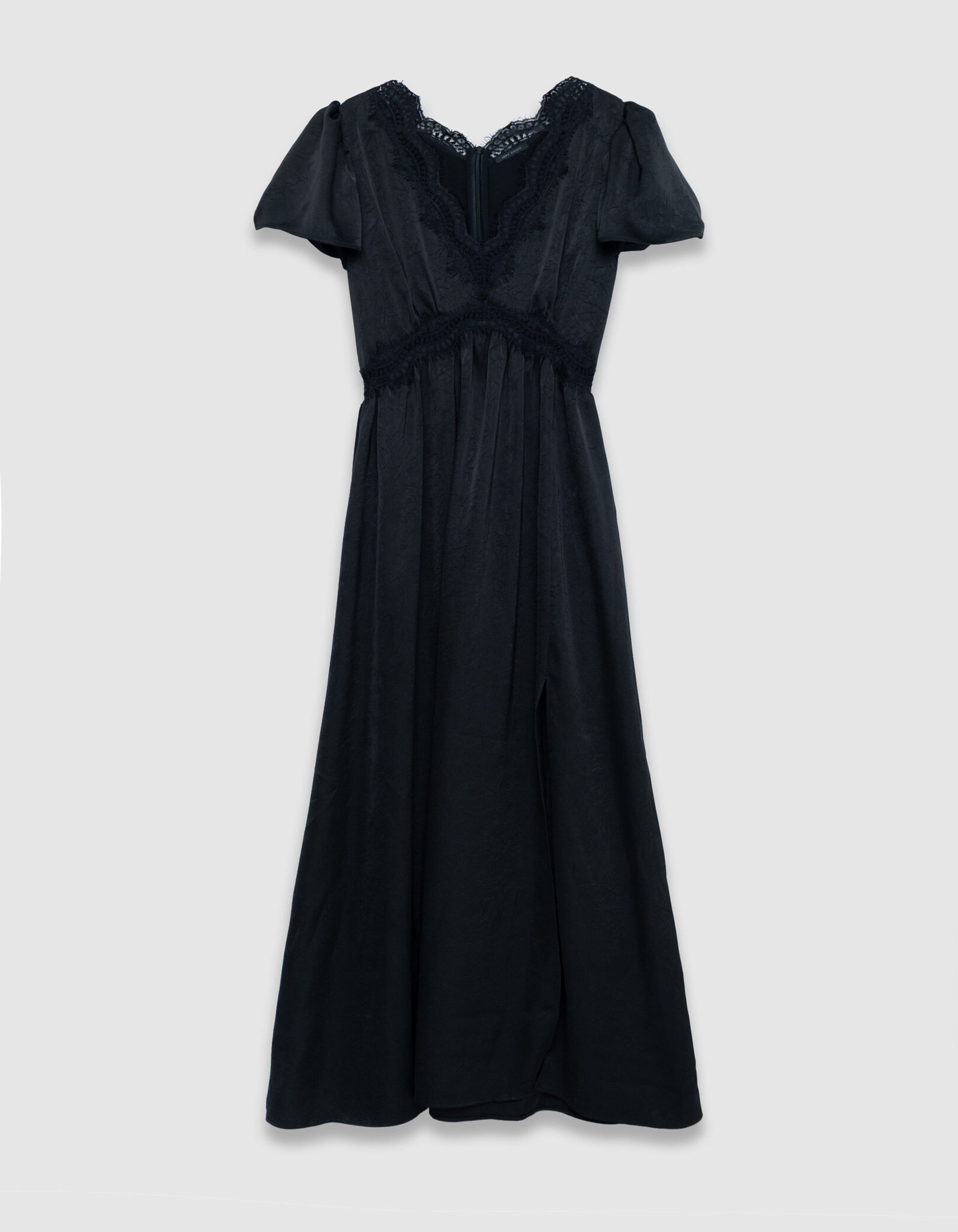 Women's black satin maxi dress with crinkled lace details IKKS