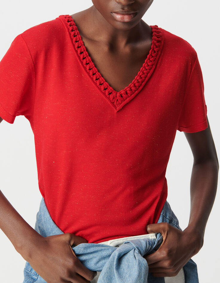 Camiseta roja de mujer con cuello en V trenzado-4