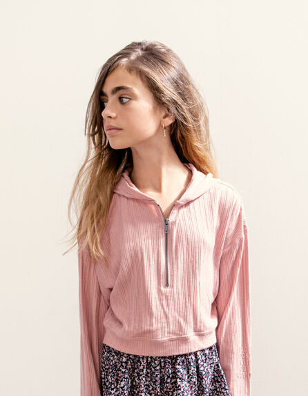 T-shirt cropped rose poudré côtelé zippé fille
