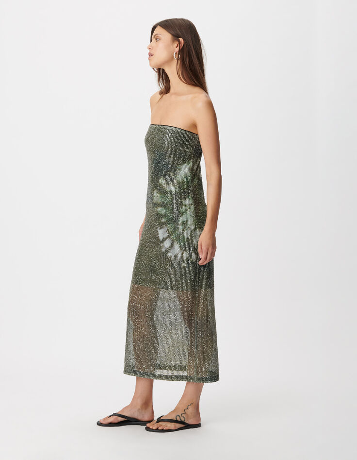 Khaki strapless dress with sequins for women-3