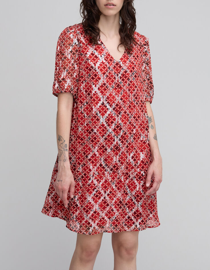 Robe courte en voile rouge imprimé Trellis femme-2