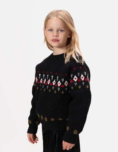 Schwarzer M&auml;dchen-Winterpullover Jacquardstrick Strass - IKKS