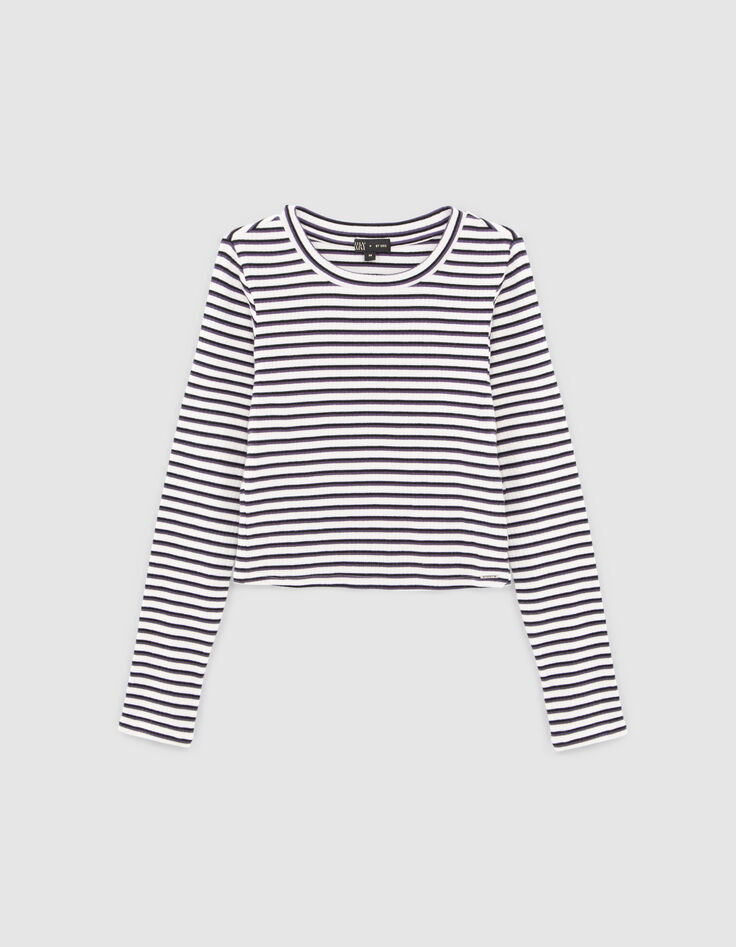 Wit geribd T-shirt met strepen meisjes-1