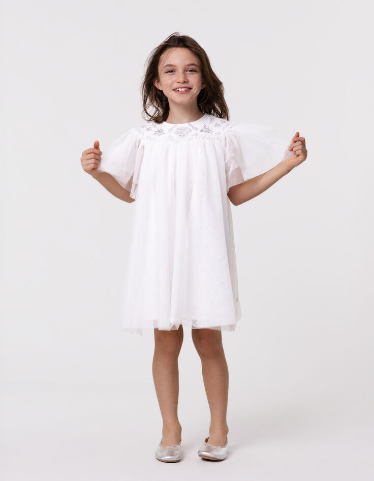 Robe blanche tulle broderies argentées fille-1
