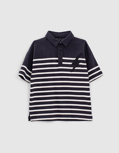 Boys’ black sailor stripe polo shirt, ecru stripes & badge - IKKS