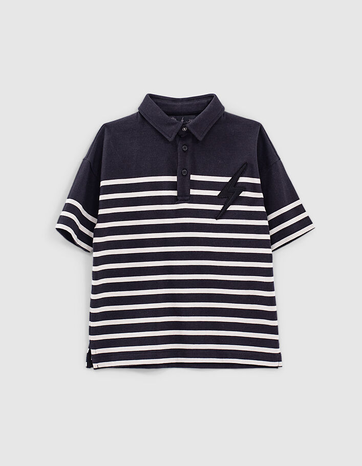 Boys’ black sailor stripe polo shirt, ecru stripes & badge - IKKS