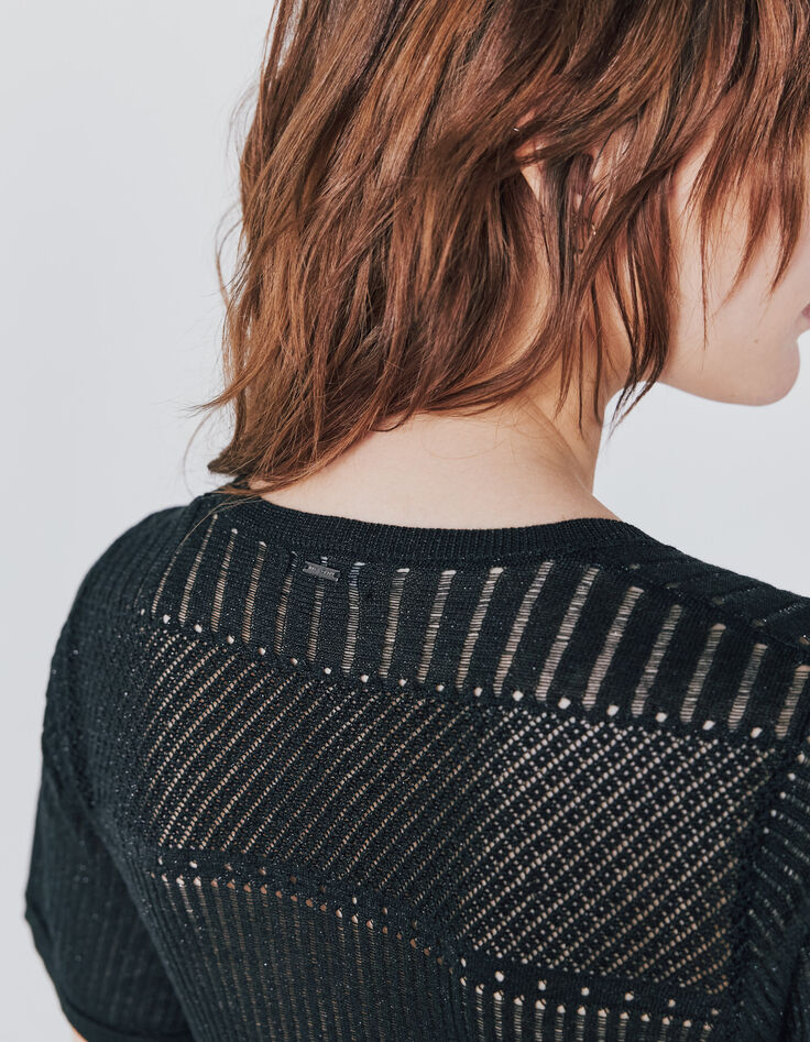 Pull noir métalisé manches courtes maille ajourée femme-4