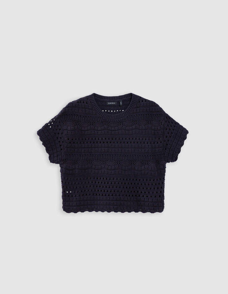 Pull marine tricot fantaisie ajouré fille-3