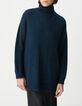 Women's navy rib-knit turtleneck sweater with lurex trim-3
