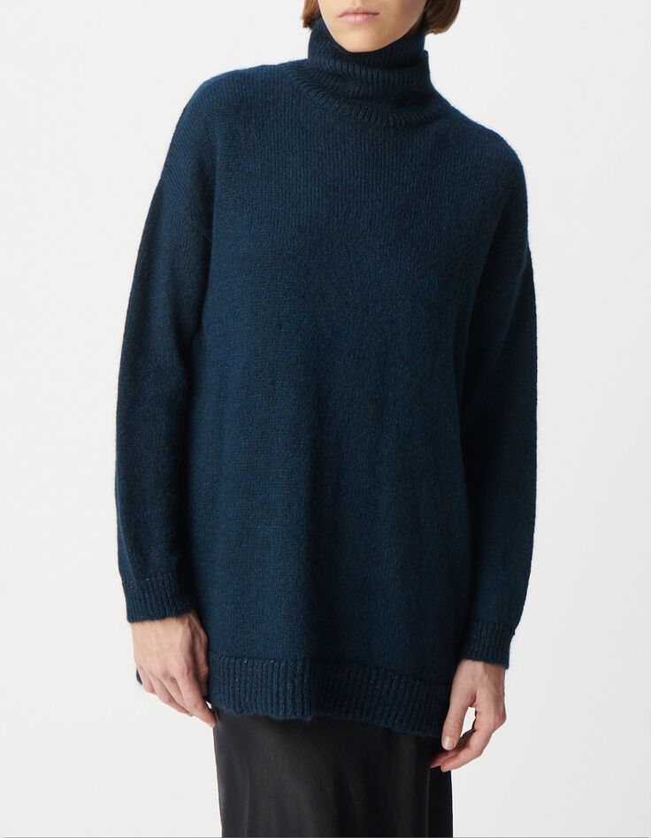 Women's navy rib-knit turtleneck sweater with lurex trim-3 Women's navy rib-knit turtleneck sweater with lurex trim-3