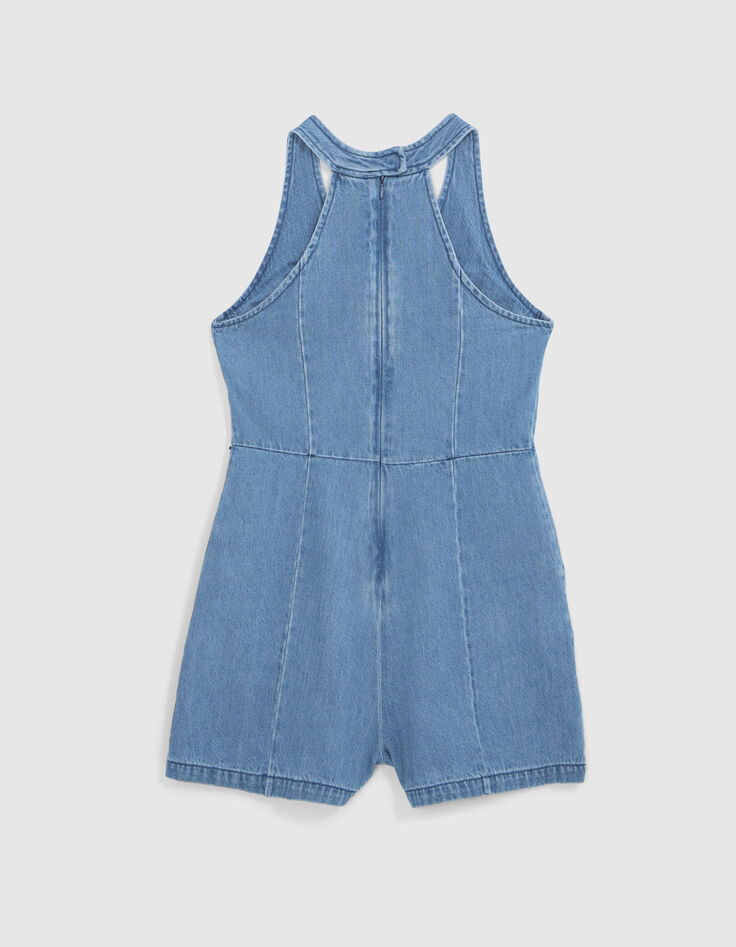 Blauer Mädchenkurzoverall aus Jeansstoff im Retro-Stil-3