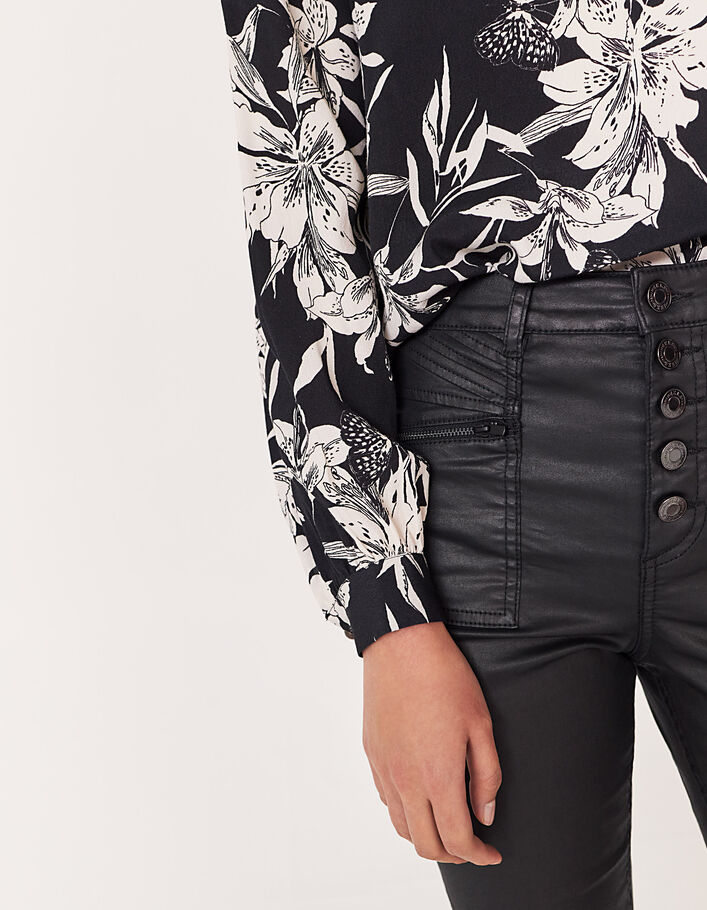 Schwarz-weiße Crêpe-Bluse mit Blumendruck für Damen-4