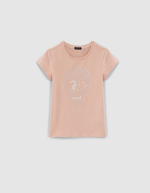 T-shirt rose tête de mort brodées sequins fille - IKKS