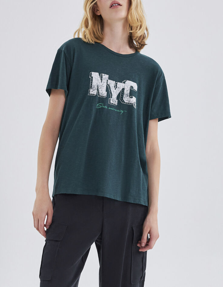 Camiseta verde pato mensaje tachuelas mujer-1