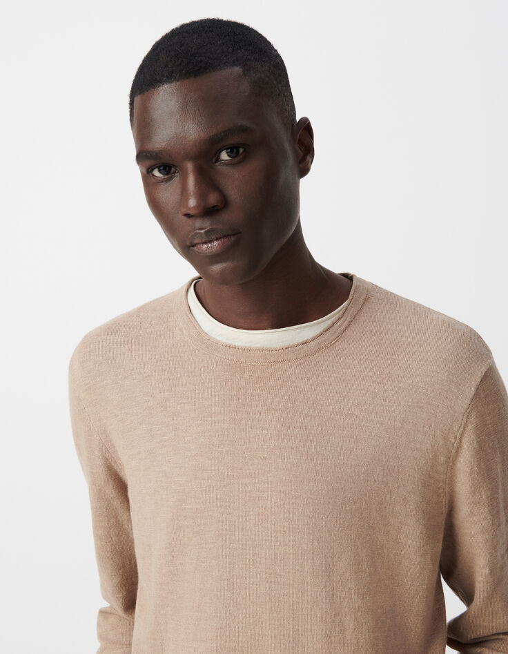 Pull beige tricot flammé col roulotté Homme-4