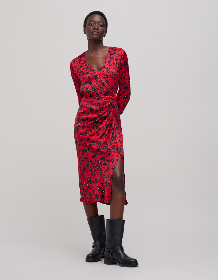 Robe midi rouge imprimé floral rock Femme-2