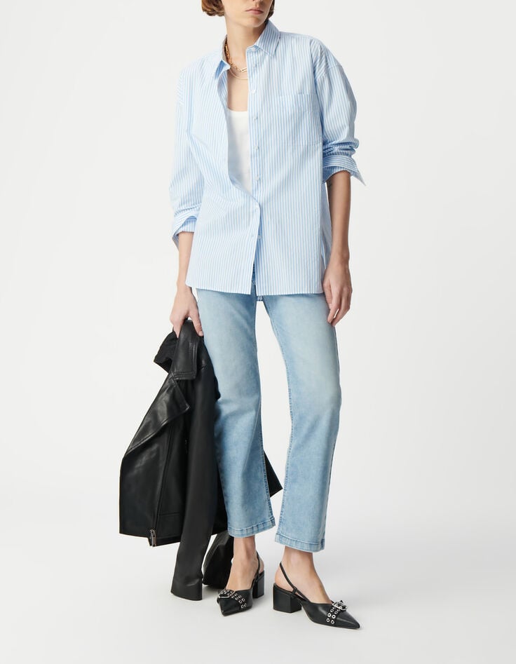 Damesblauwe cropped jeans met zichtbare powerstretch knopen-1