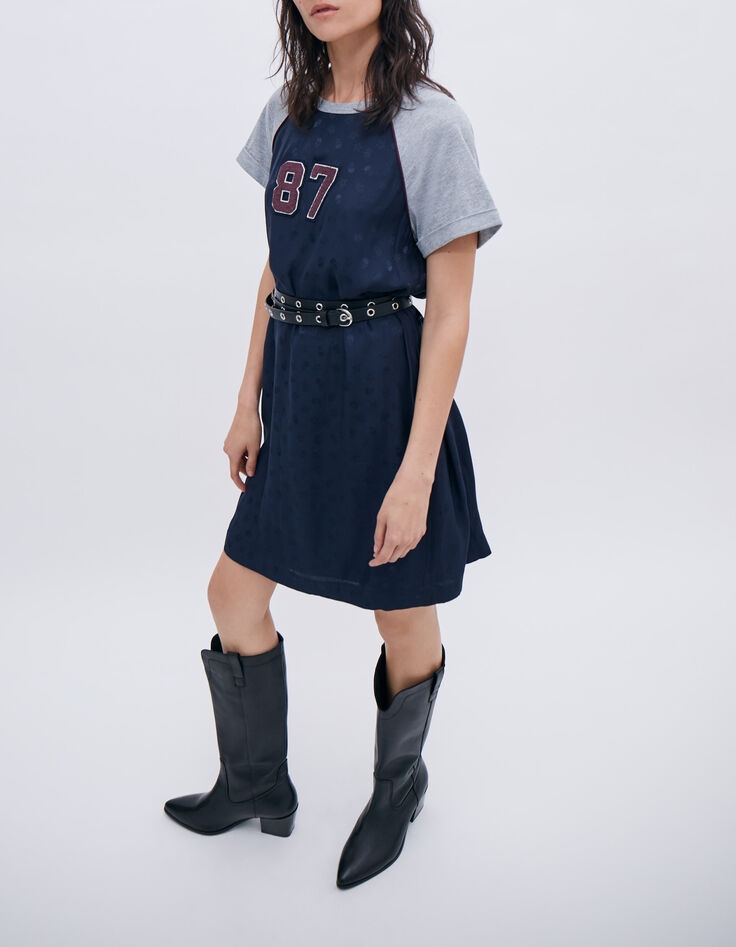 Women’s navy T-shirt dress with grey sleeves-3