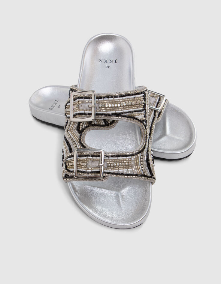 Mules silver cuir m&eacute;tallis&eacute; broderies perles Femme-6