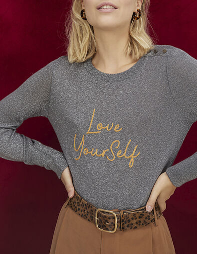 Pull gris chiné moyen tricot lurex à message brodé I.Code