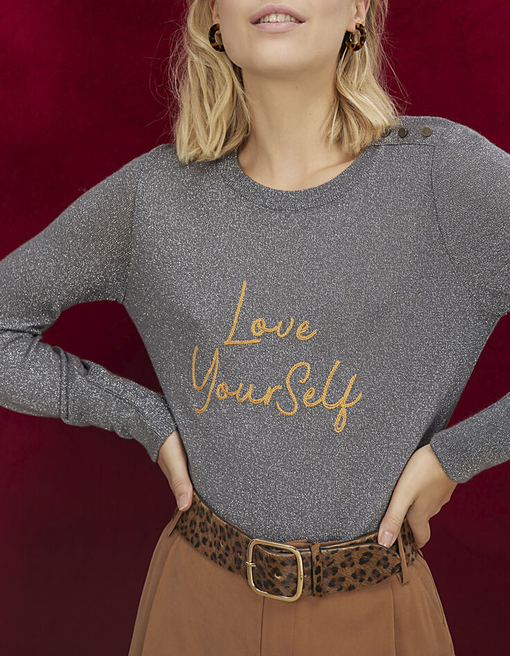 Pull gris chiné moyen tricot lurex à message brodé I.Code-1