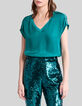 Smaragdgr&uuml;nes Damen-Satin-Top Nieten an den Schultern-2