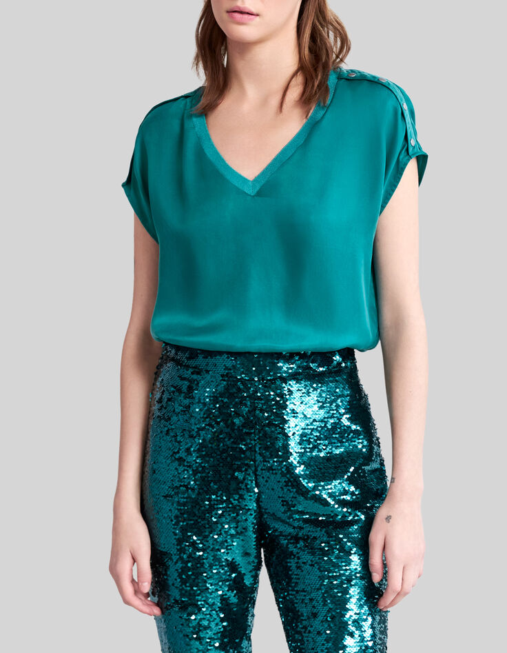 Smaragdgr&uuml;nes Damen-Satin-Top Nieten an den Schultern-2