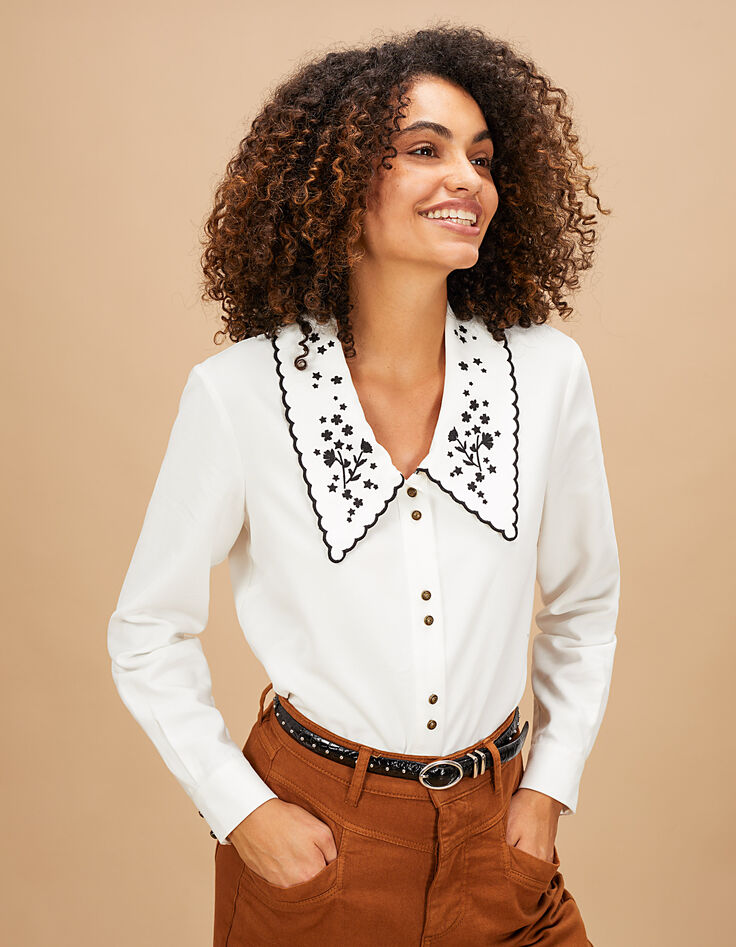 Cremeweiße Bluse mit großem, schwarzem Kragen I.Code-2