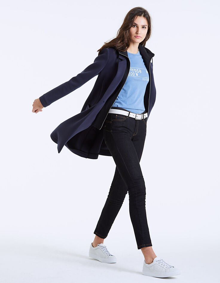 Manteau mi-long néoprène à capuche amovible femme-1
