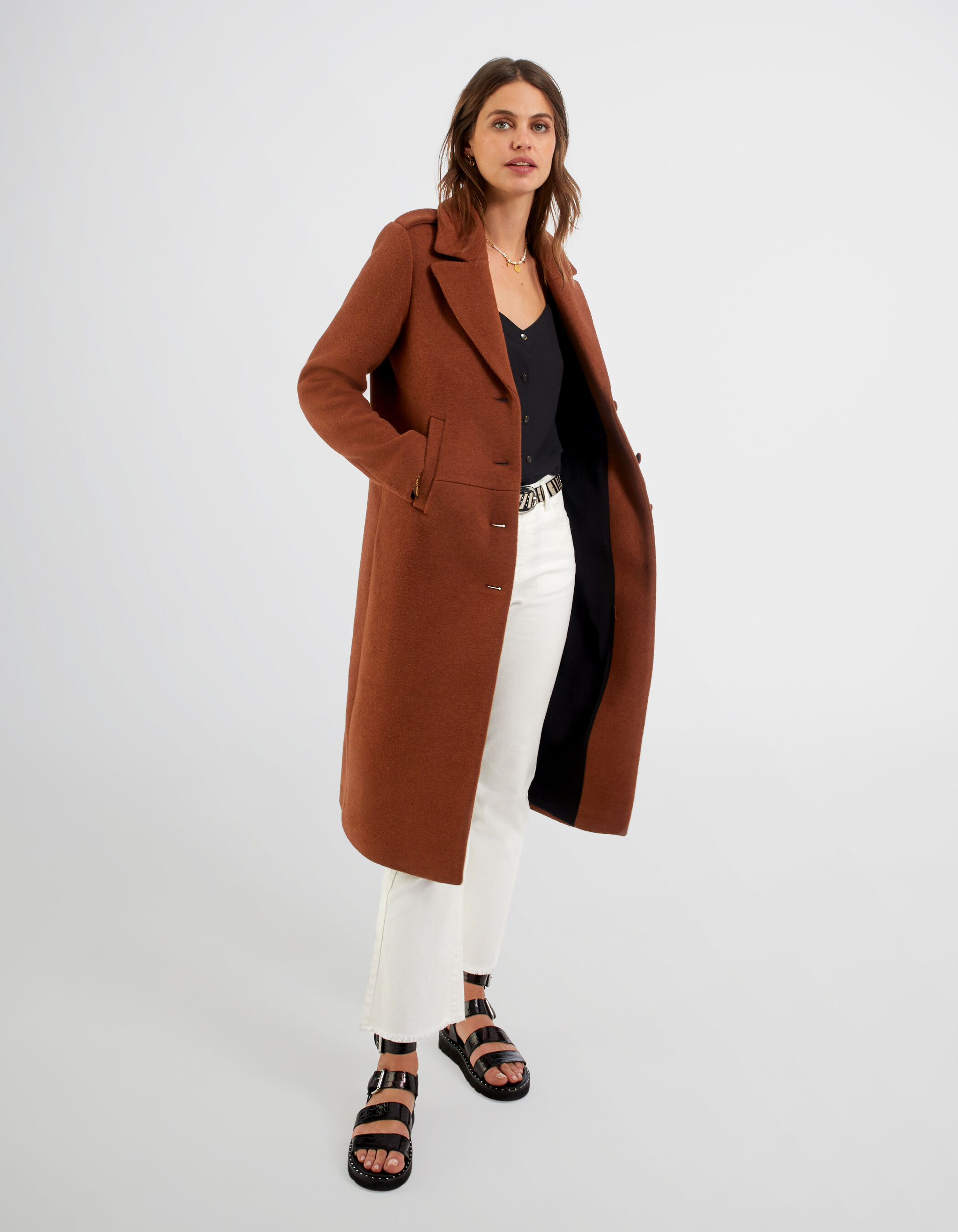 I.Code brown thin striped wool fabric long coat