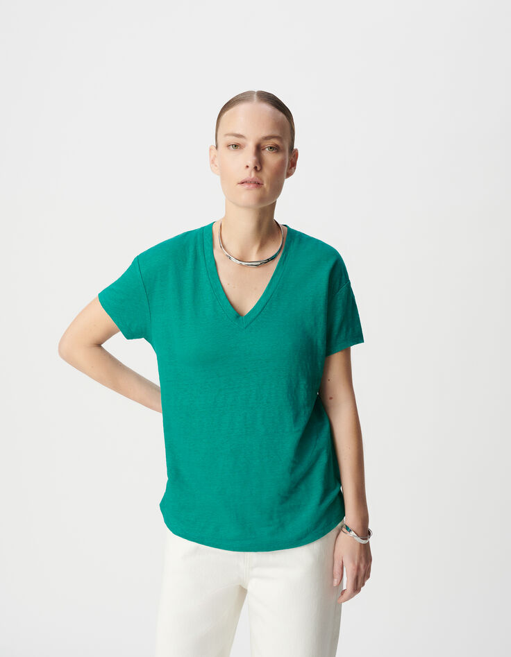 Tee-shirt col V turquoise maille de lin Femme-4