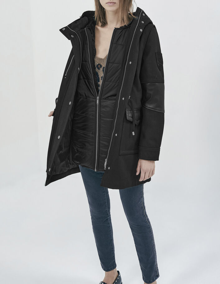 Women’s black topstitched twill hooded mid-length parka - IKKS