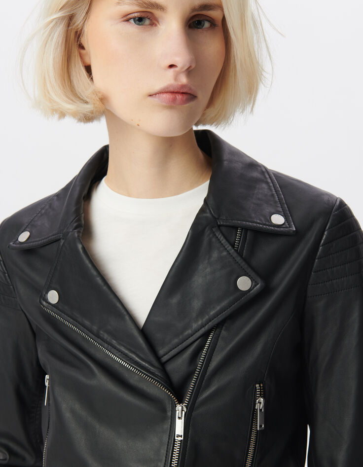 Blouson court en cuir d'agneau épaules matelassées femme-6