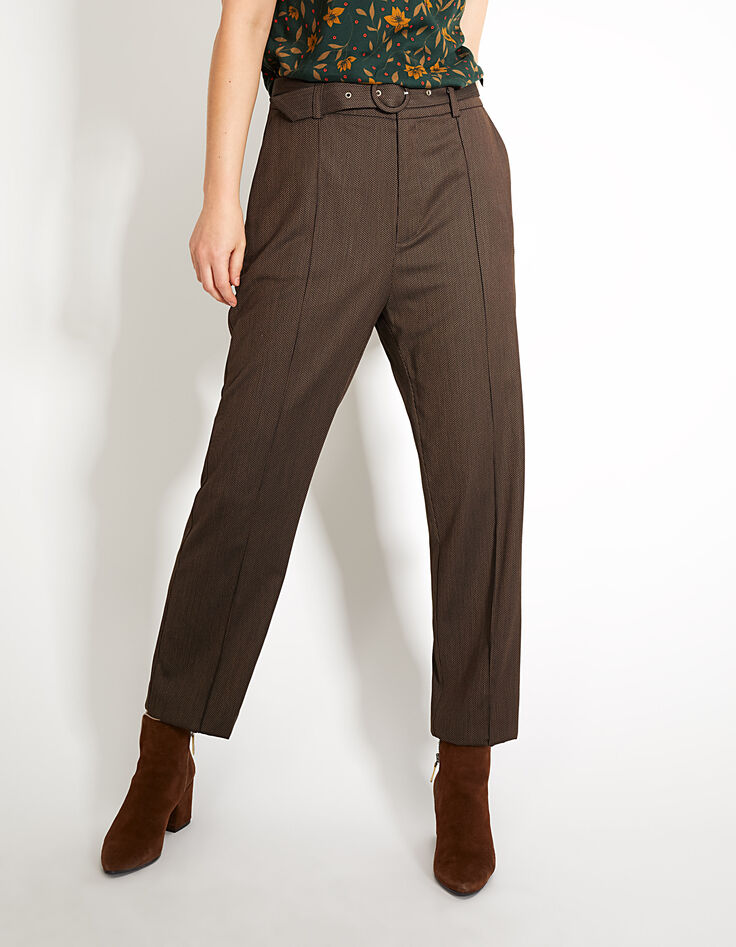Pantalon cognac en tissu jacquard à taille haute I.Code-1