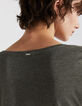 Tee-shirt col V kaki métallisé visuel tête de mort femme-4
