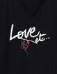 Black V-neck T-shirt with heart slogan-2