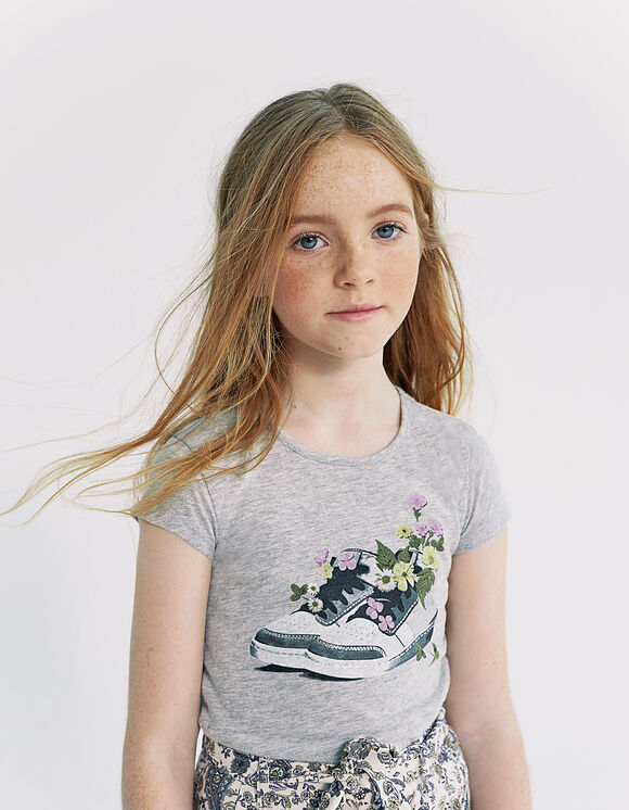Girls’ medium-grey marl T-shirt with floral trainer image