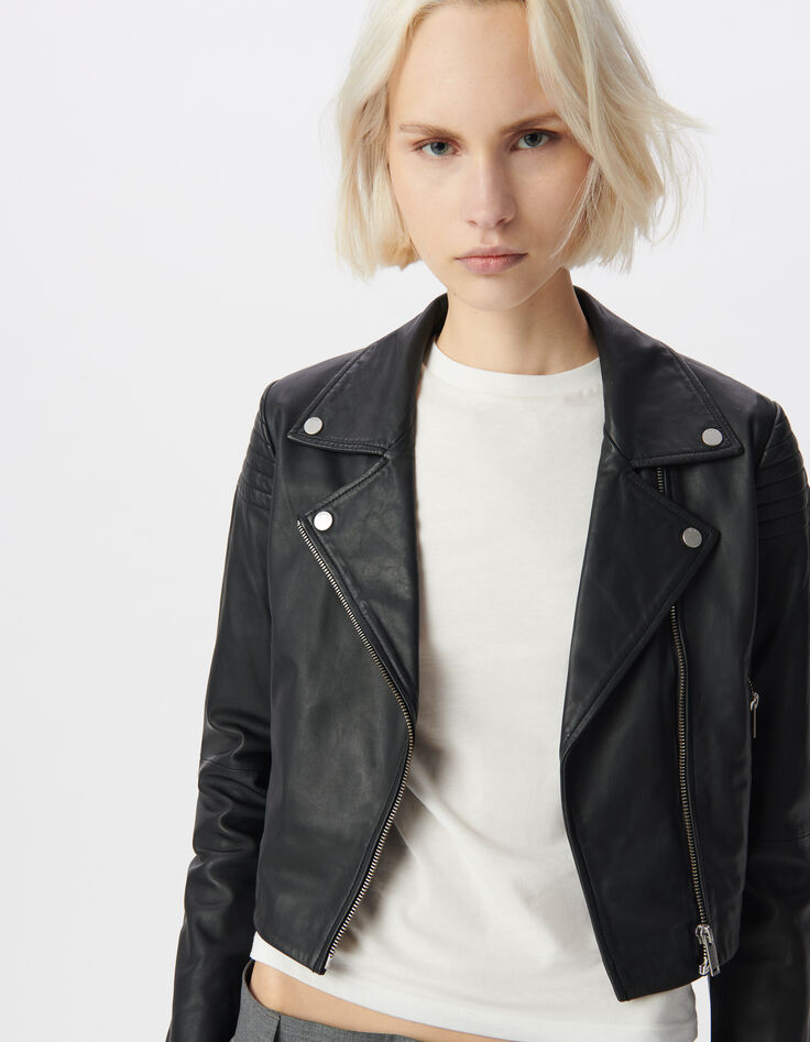 Blouson court en cuir d'agneau épaules matelassées femme-4
