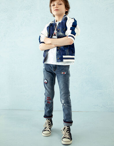 Boys’ light blue patched embroidered slim jeans  - IKKS