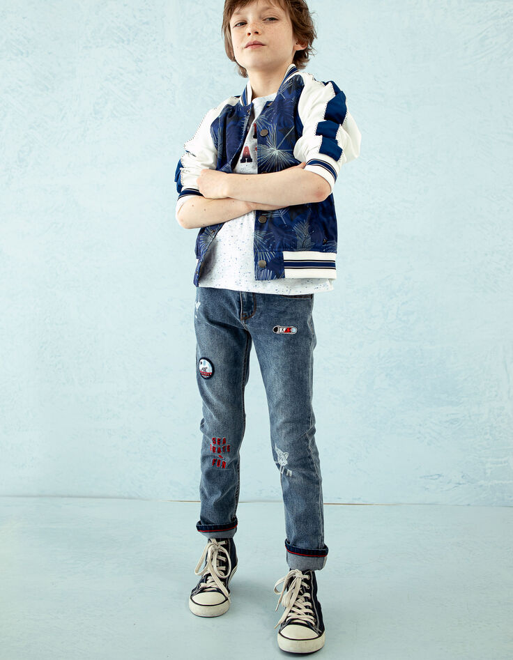 Boys’ light blue patched embroidered slim jeans -1