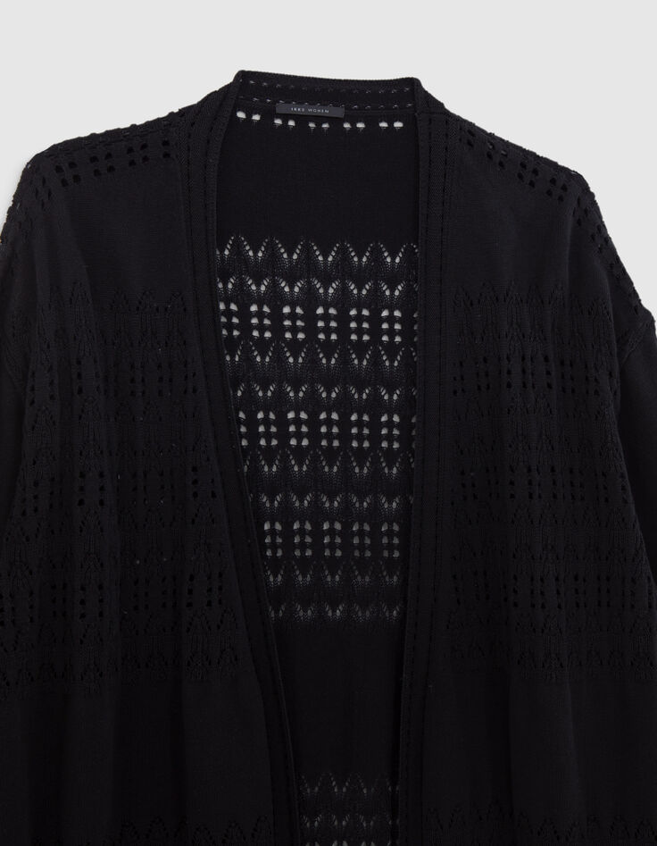 Zwart lang gebreid vest met ajourmesh Dames-7