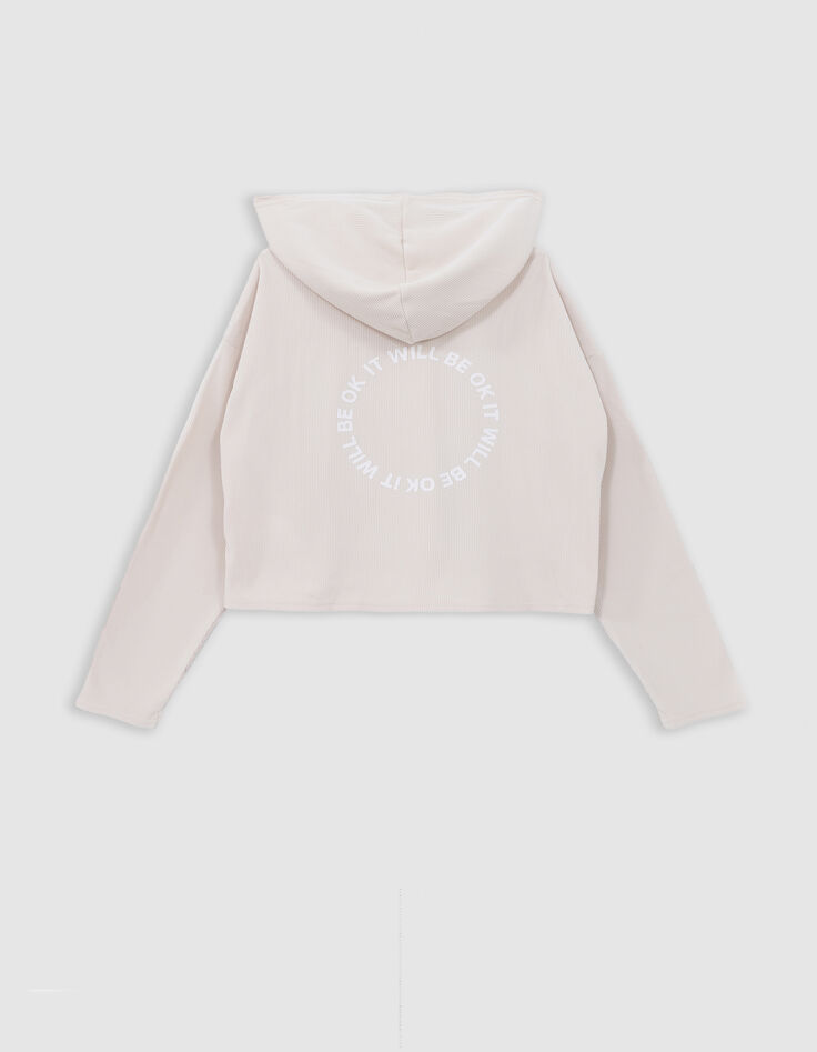 Beigefarbenes Mädchen-T-Shirt mit Kapuze aus Rippstrick-5
