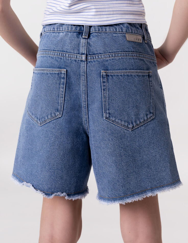 Short en jean bleu bords frangés fille-3