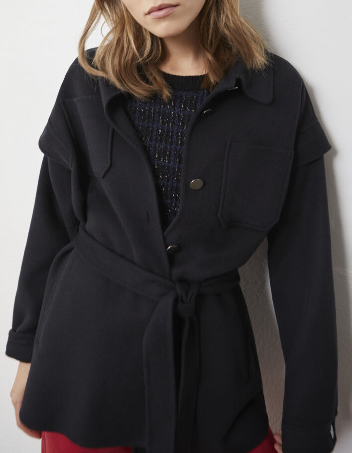 Manteau surchemise coloris noir avec ceinture femme - IKKS