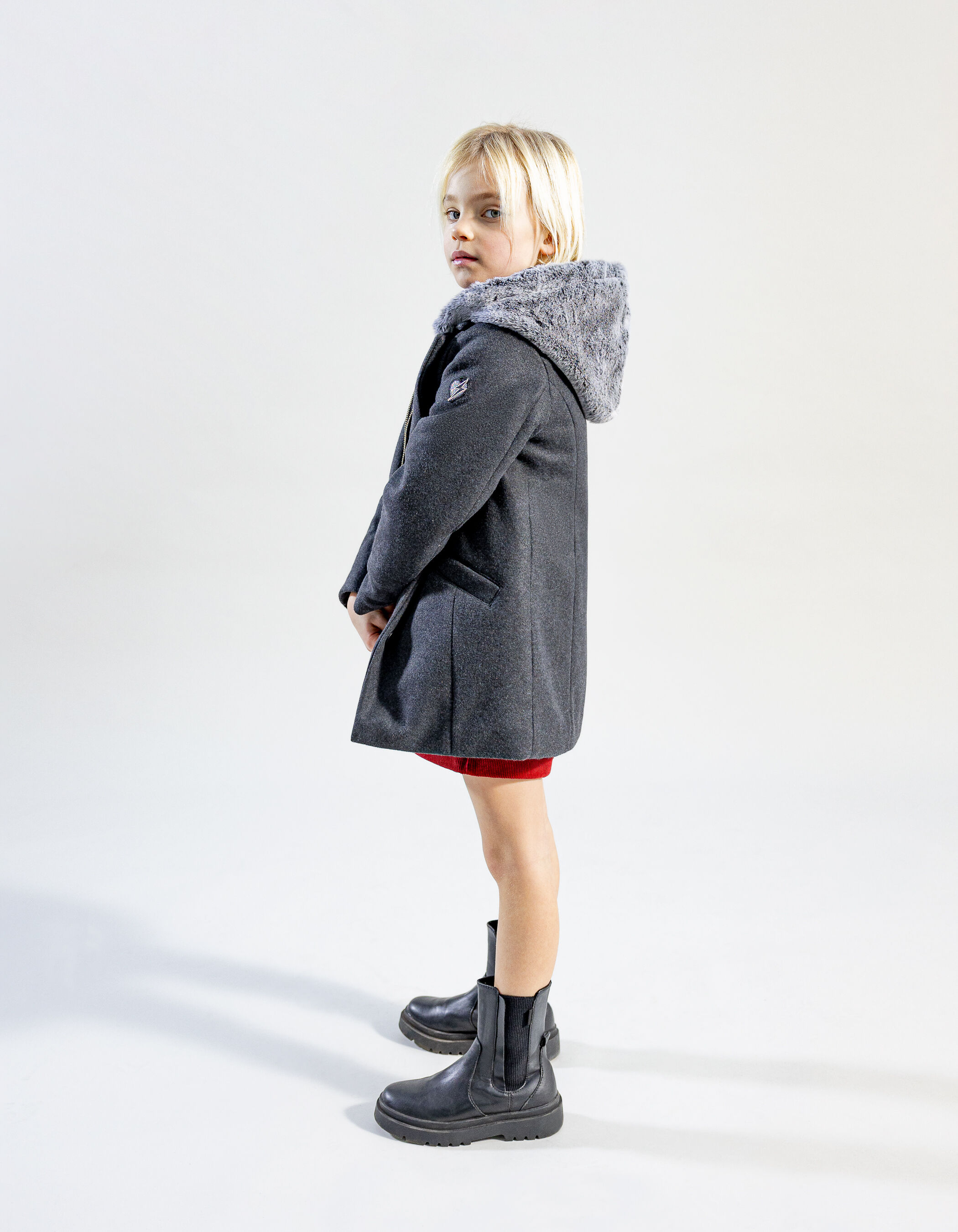 Manteau gris avec parementure amovible a capuche fille IKKS