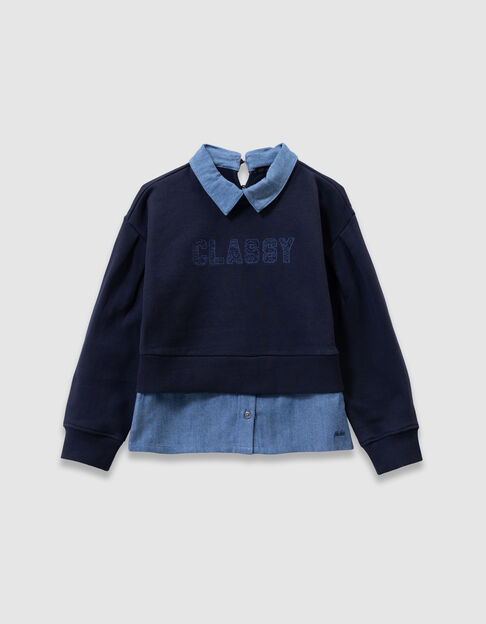 Sudadera azul marino camisa trampantojo niña Sudadera azul marino camisa trampantojo niña - IKKS