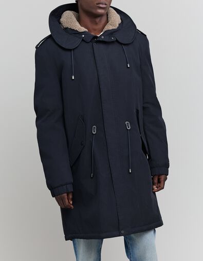 Men's navy blue parka with beige sherpa lining - IKKS